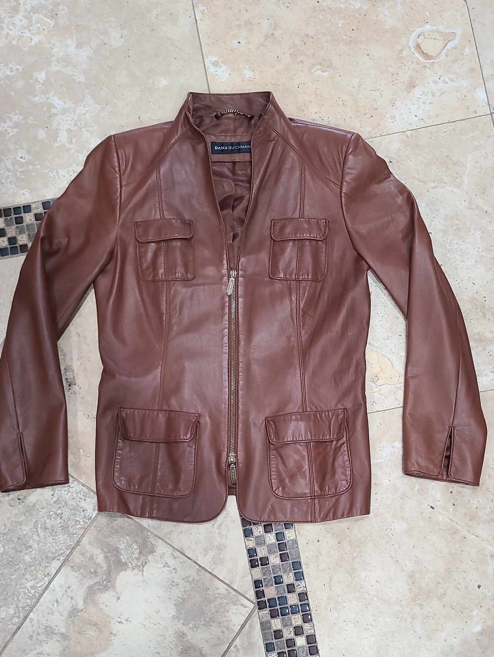 Dana Buchman Chest-Pocket Brown Leather Field Jacket